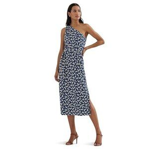 185$ Lauren Ralph Lauren Floral Belted Jersey One-Shoulder Dress Size 16 Blue